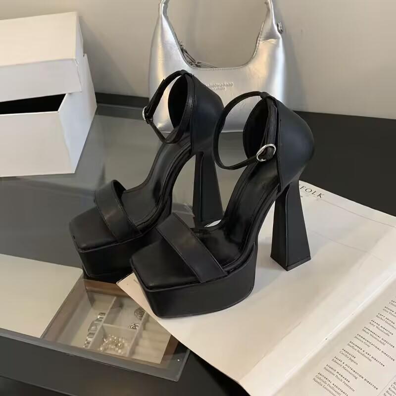15Cm thick heel waterproof table square head one-word buckle with high heel sandals sexy catwalk performance shoes summer