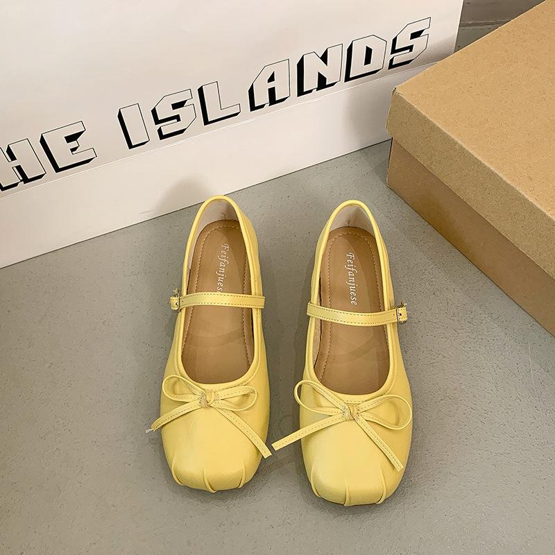 

Туфли Мэри Джейн с бантом, одинарные туфли, женские туфли на мягкой подошве с мелким вырезом, на плоской подошве, туфли-бини, туфли для бабушки, женские 40 жёлтый