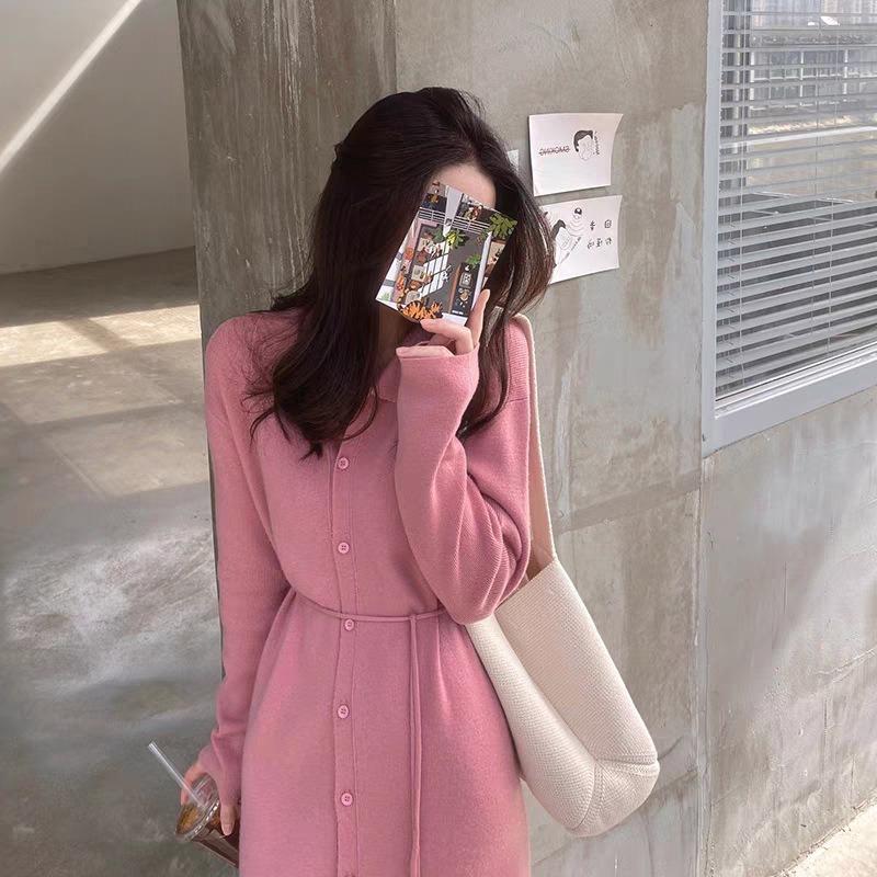Temperament Lazy wind knitted dress women's autumn and winter new loose long over-the-knee sweater skirt with coat