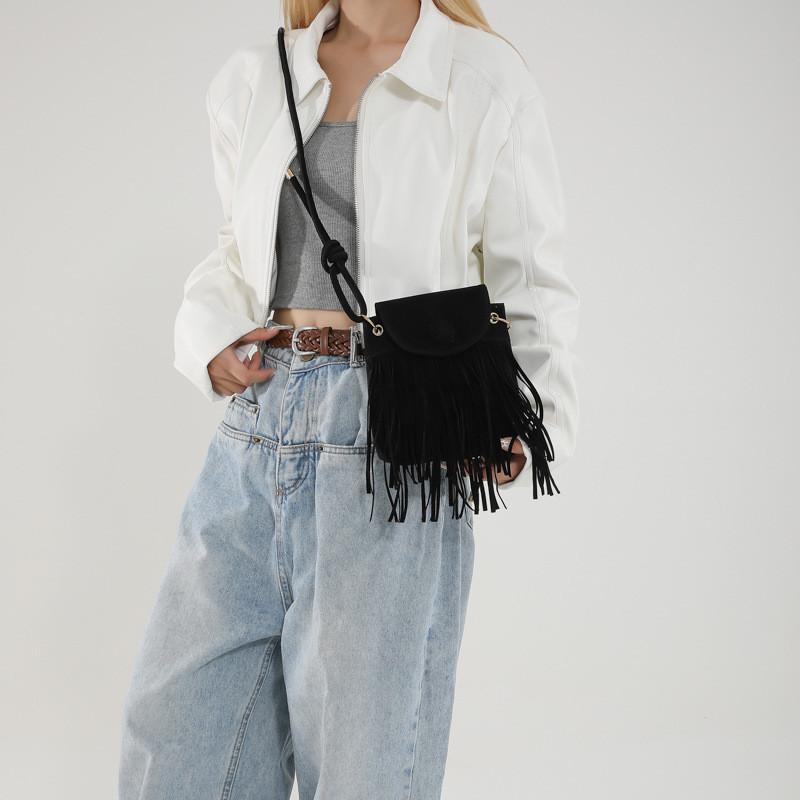 Elegante Borsa a Sella Quadrata Piccola in Stile Etnico Retrò con Frange Ideale per Outfit Casual Estivi