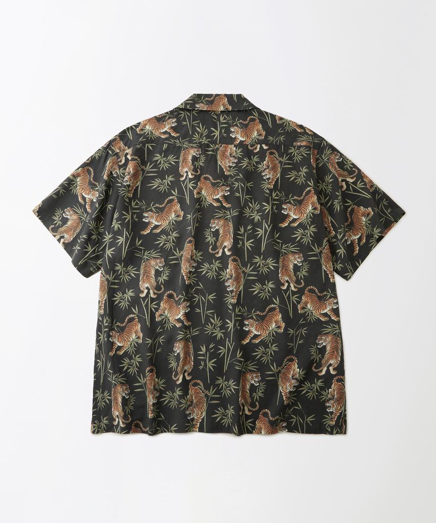 OUTSTANDING Hawaiian Open Collar Half Shirt Bamboo Tiger_Black