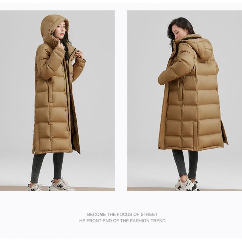 Womens Long Down Coat With Hood Mid-Length To Knee Thick White Goose Fill 81-85% Content Removable S-3XL