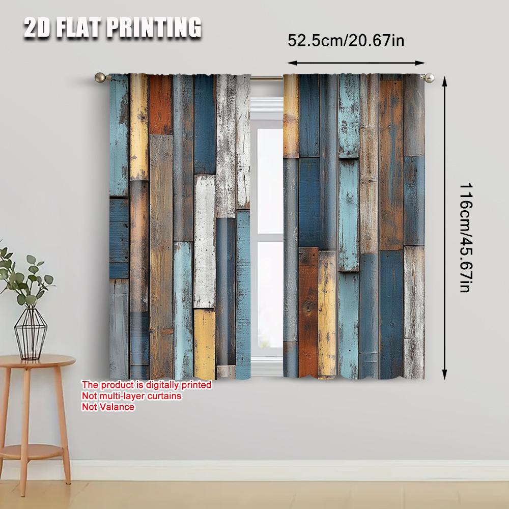 2pcs, Popular Curtain Panels 2D print Retro Faux Wood Plank Machine Washable Fabric (without rod) Gifts Perfect for Living Room,