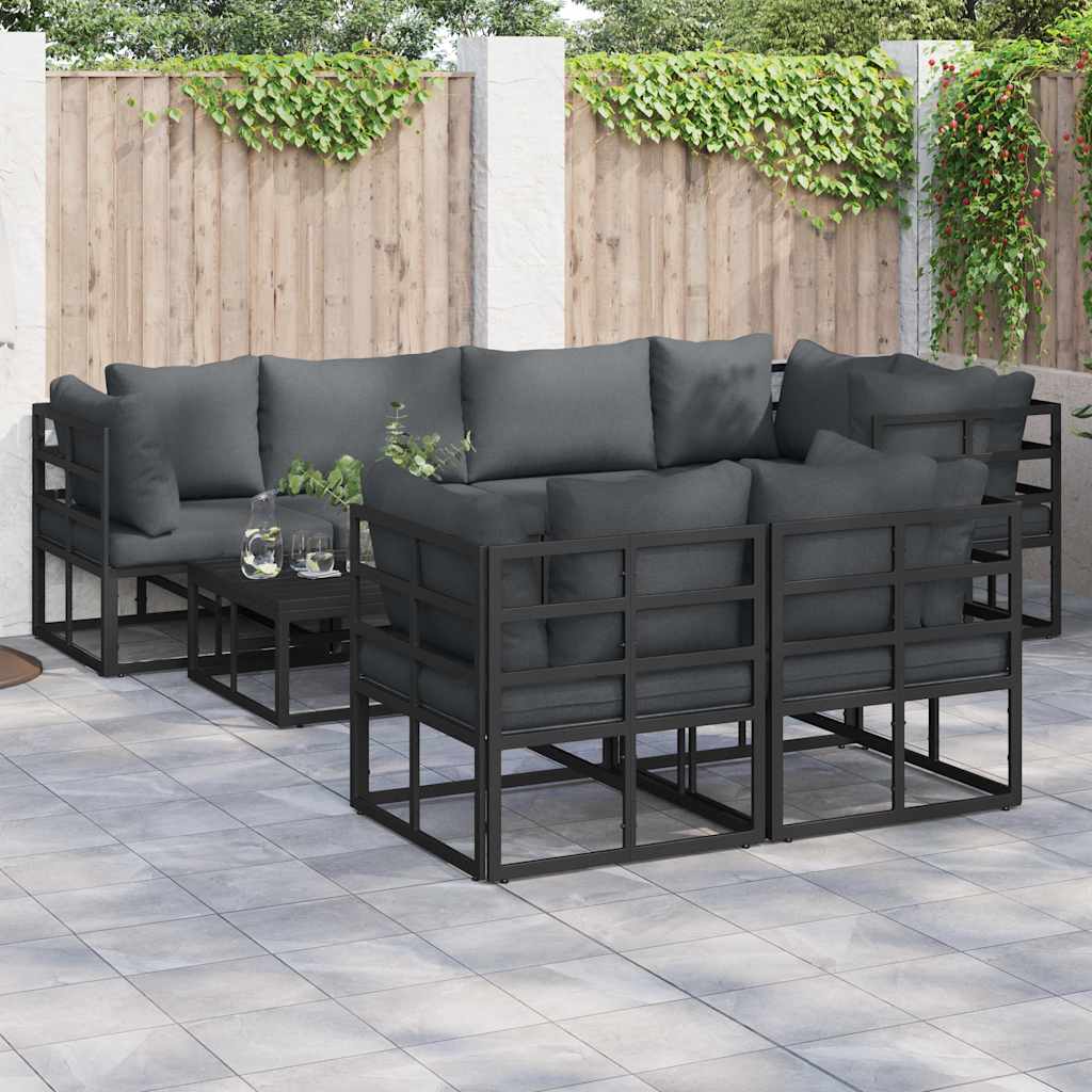 7 Piece Black Steel Garden Sofa Set with Cushions