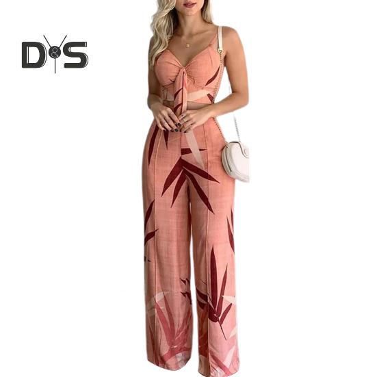 2 Pcs/Set Women Vacation Outfit V Neck Backless Sleeveless Camisole High Waist Wide Leg Printed Pants Set Beach Crop Top Trousers Set Resort Wear