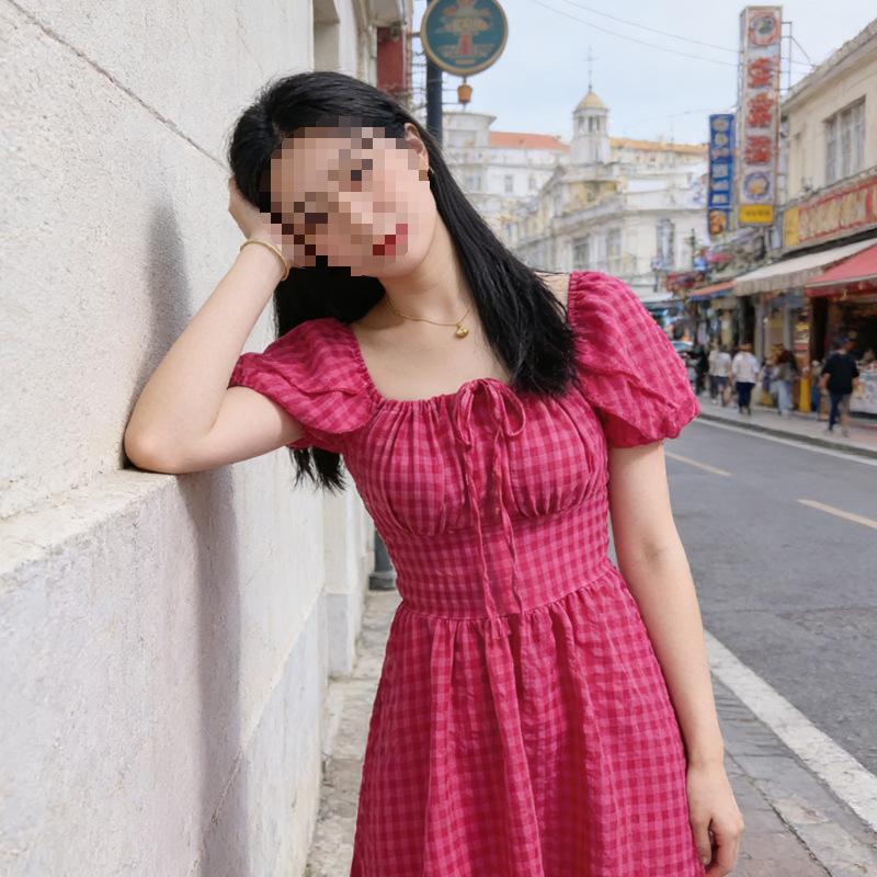 French sweet rose red plaid small flying sleeve suspender dress women's summer waist and thin pure desire style girl skirt