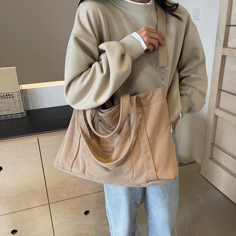 Solid Color Corduroy Bag Women's Large Capacity Shoulder Crossbody Bag Commuter Tote Bag