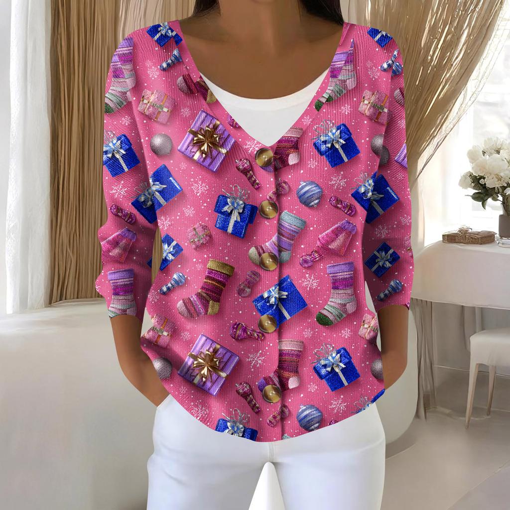 Women's Fashion Long Sleeve Christmas Snowman Snowflake Print Jacket Cardigan