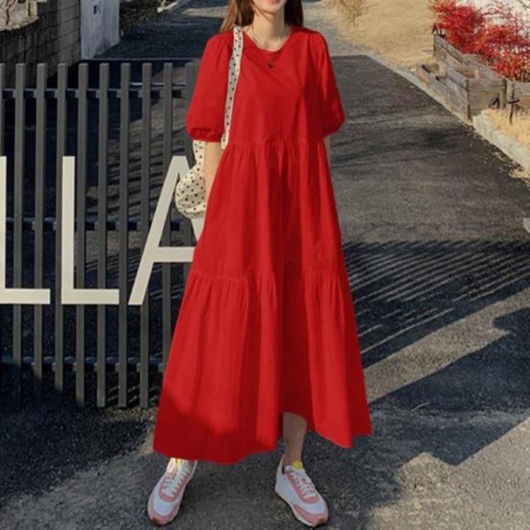 Damen Sommerkleid Locker A-Linie Maxi Knöchellang Kurzarm Rundhalsausschnitt Einfarbige Patchwork Falten Weich Atmungsaktiv Damenkleid
