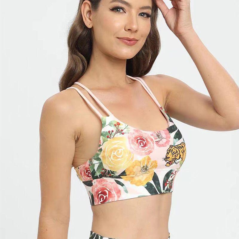 

New High Strength with Chest Pad Running Gym Intimates Tight Back Cross Back Shaping Shockproof Sports Push up Bras Colorful Rose L