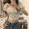 Spice Girl Bubble Sleeve Floral Short-sleeved Shirt Women's Summer Pure Desire To Close the Waist Slim-fitting Sexy Pinched Waist Tight Short Top