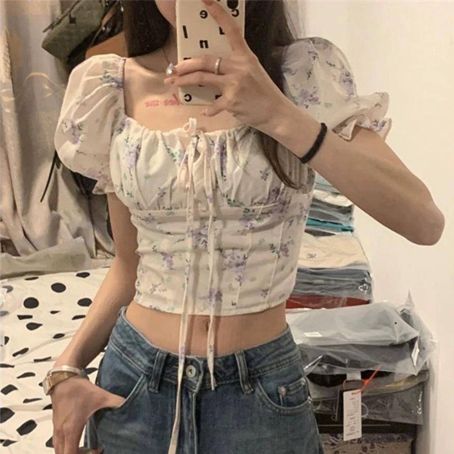 Spice Girl Bubble Sleeve Floral Short-sleeved Shirt Women's Summer Pure Desire To Close the Waist Slim-fitting Sexy Pinched Waist Tight Short Top
