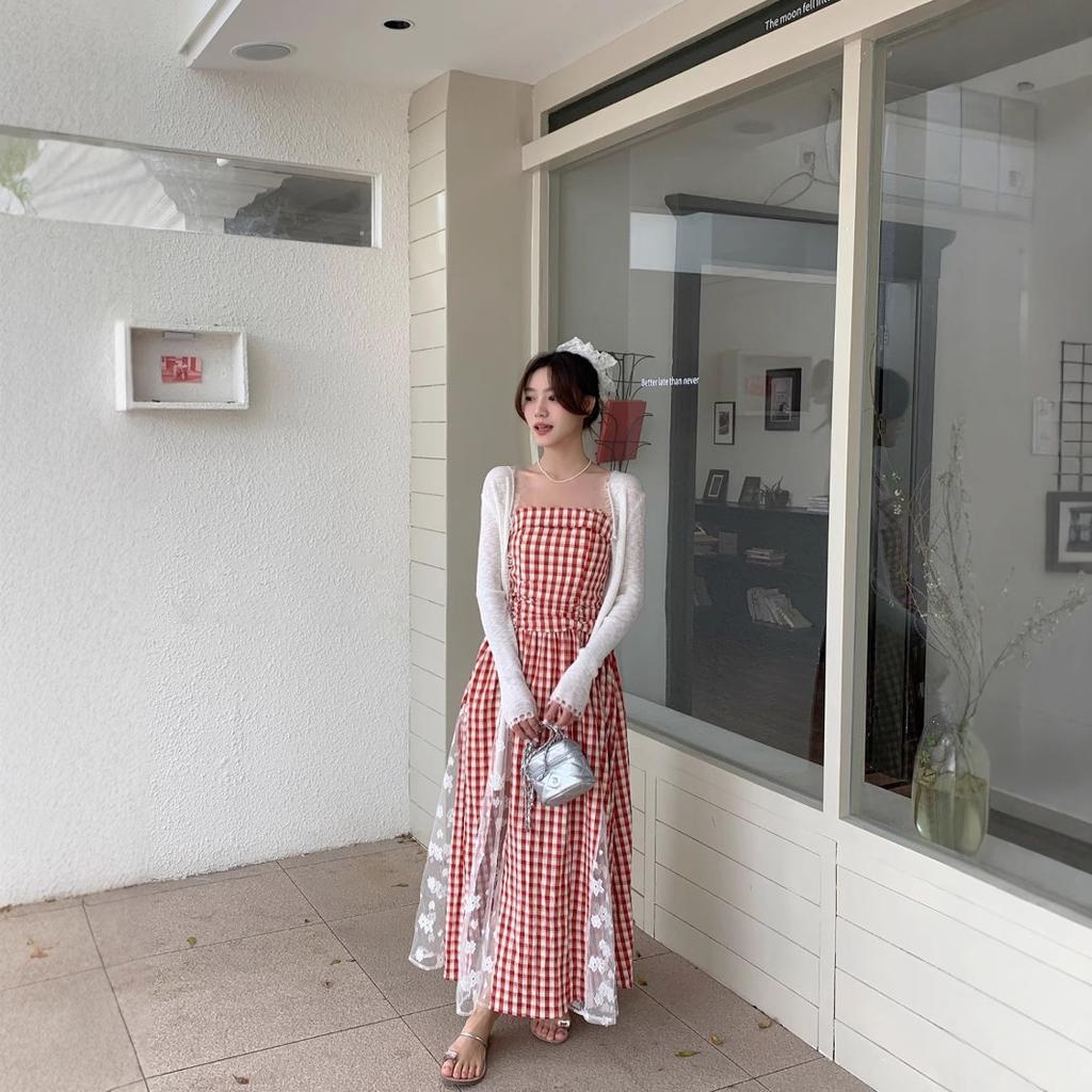 Blue Plaid Lace Suspender Dress Women's Summer Dopamine Bright Wear Seaside Vacation Beach Sunset Dress