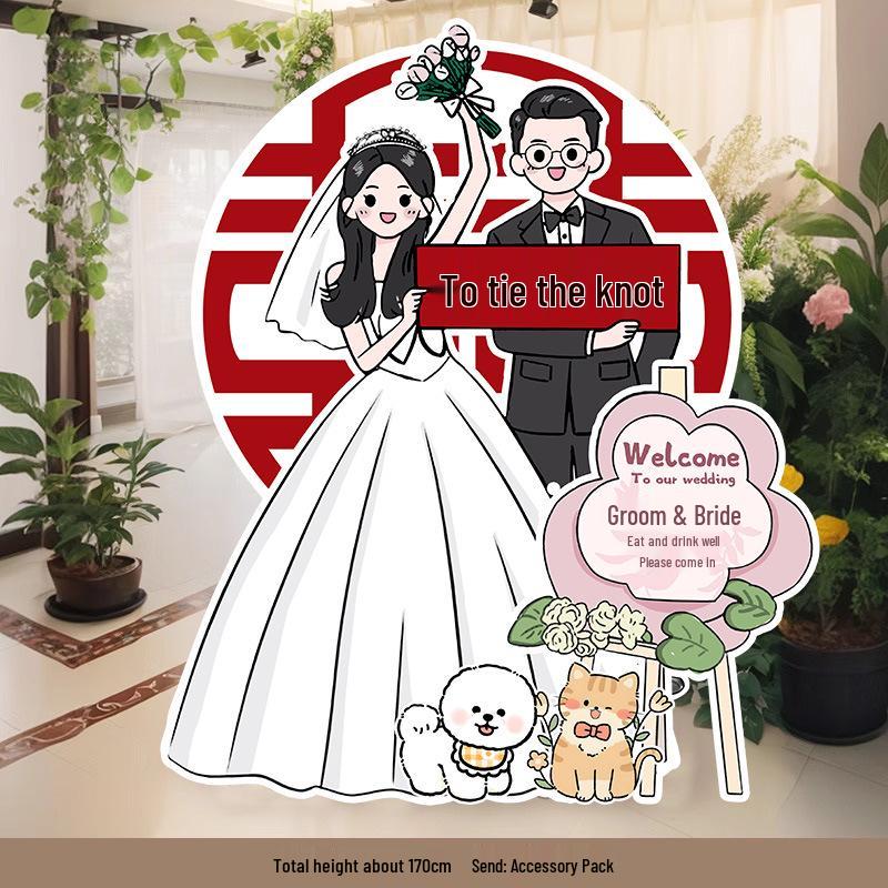 Welcome Sign Wedding Standee: Hand-Painted Cartoon Figure Poster Board for Event Decoration