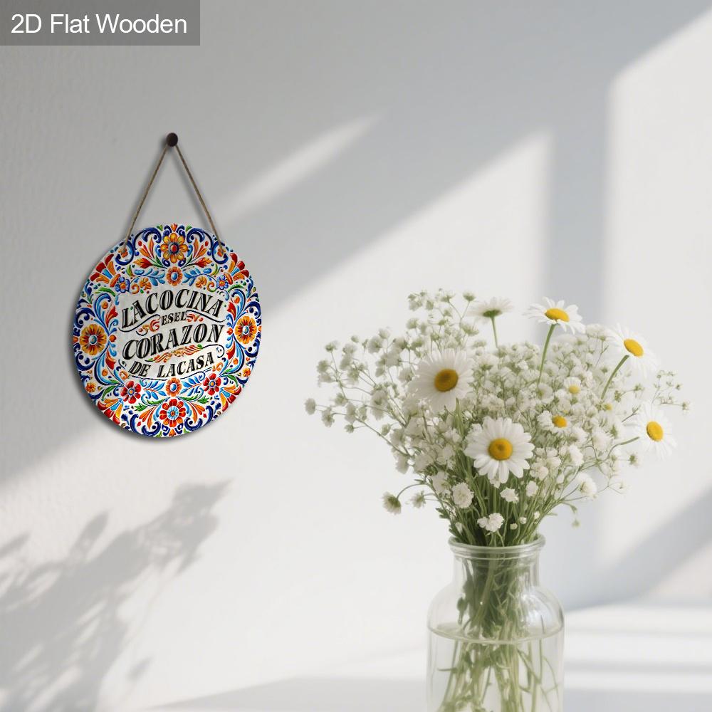 2D Flat Gorgeous Lacocina Round Wooden Sign, Charming Decorative Plaque with Flowers Pattern Design, Ideal for Outdoor, Lawn, Home Decor