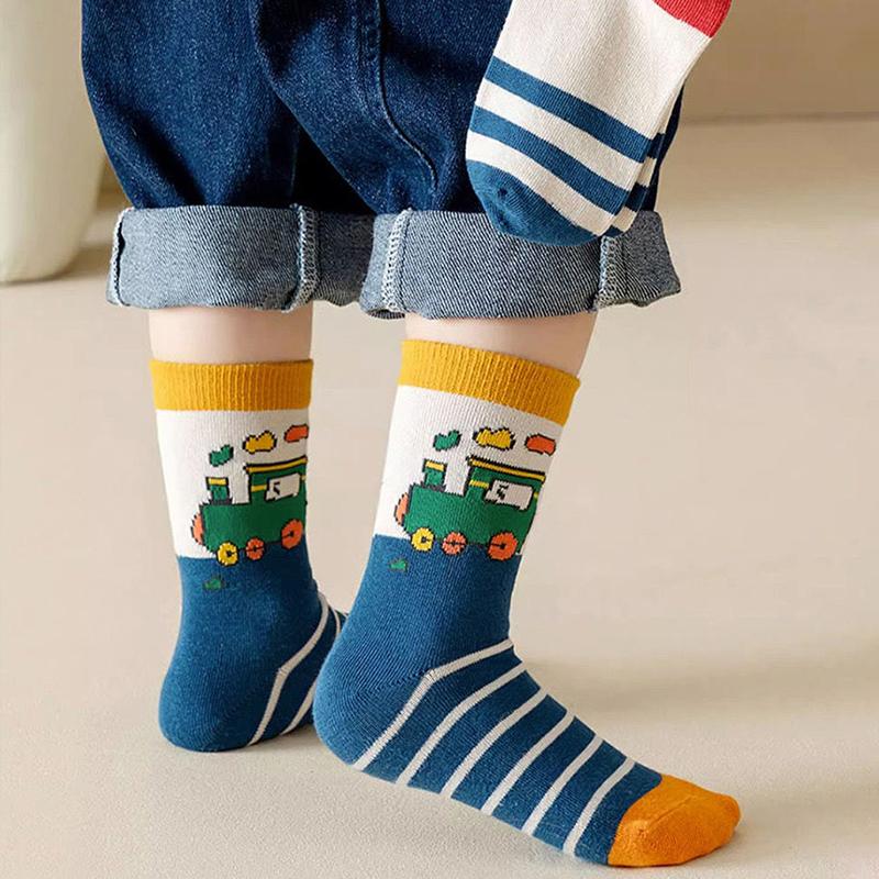 5 Pairs Kids Cartoon Car Mid Tube Socks Autumn Winter Cotton Warm Sport Socks For Boys Baby Children Footwear Age 1-12