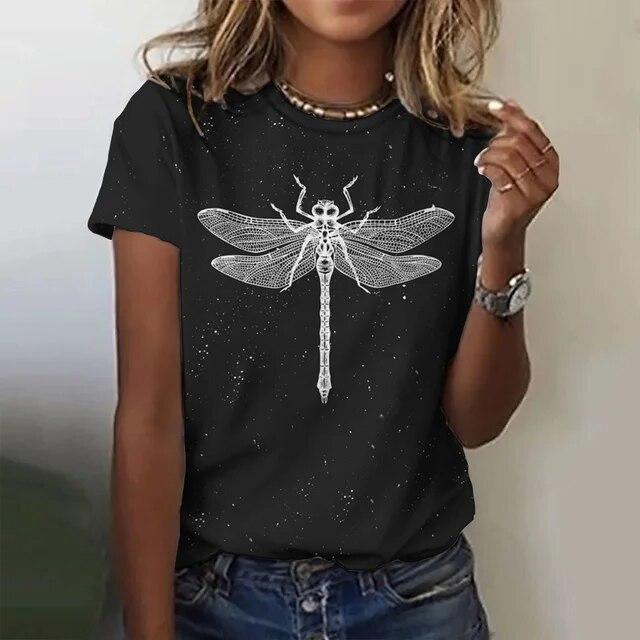 Damska koszulka 3d Dragonfly Printed Girls Top Street O-Neck z krótkim rękawem modna koszulka letnia codzienna koszulka dla kobiet