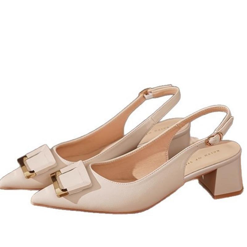 White Square Button Head Thick Heel High Heels Women's Not Tired Feet New Versatile Medium Heel Light Mouth Single Shoes Women's Leather Shoes