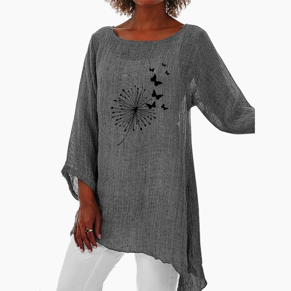 Frauen Casual Print 3/4 Langarm Dünne Top Mode Lose Hemd Plus Größe Rundhals Leinen Hemd
