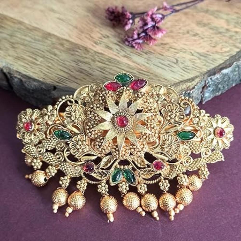 Traditional Gold-Plated Hair Barrette Clip With Floral Design And Beads Danglers (Design-1)