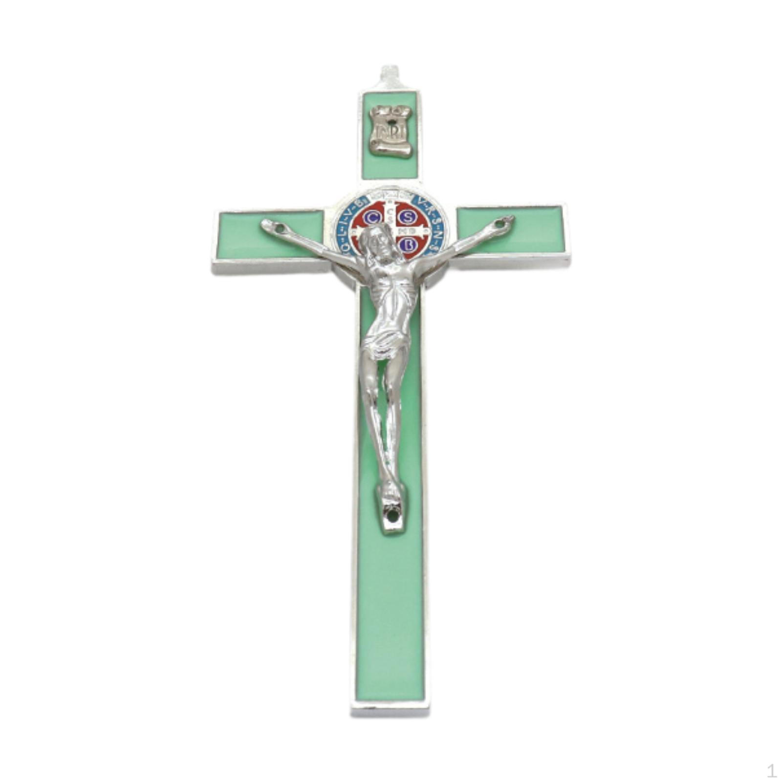 

Catholic Cross Figurine Metal Wall Decoration for Home and Bedroom Steel Color Green