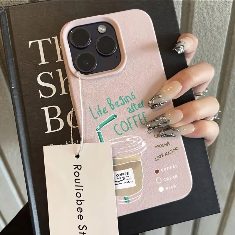 

Creative Coffee Pattern Phone Case For iPhone 17 Pro Max 16 Plus 15 Pro 14 13 12 11 XR 17Air Lychee Textur Soft Cover iPhone 16 Pro розовый