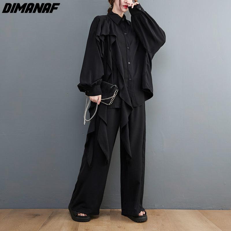 DIMANAF 2021 Women Two Piece Set Casual Tassel Lace Tops Shirts Autumn Loose Wide Leg Pants Oversized Spring Summer Oversize