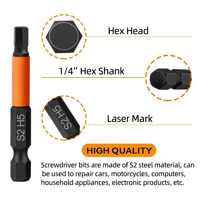 Cheie Allen cu cap hexagonal, set de biți de șurubelniță SAE metrice, 1/4" cu coadă hexagonală, biți de șurubelniță magnetică din oțel S2, scule de găurit electrice de mână