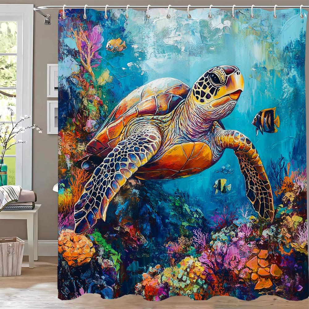 Ocean World Dolphins And Sharks Shower Curtain, Underwater World Bathroom Decorative Curtain, Printed Home Curtain With Hooks