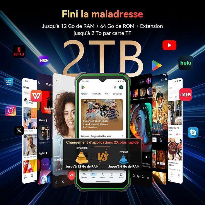 Blackview BV4800 SE Smartphone Incassable Android 15 6.56",5100mAh,12Go+64Go/2To,16MP+8MP, Dual SIM NFC Face ID - Noir