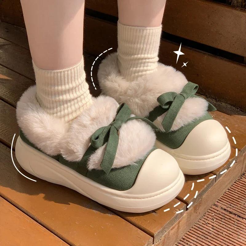 Fashion Cute Bowknot Fur Cotton Padded Shoes Women 2024 Faux Fur Warm Platform Snow Boots Woman Non Slip Thick Sole Winter Boots Female