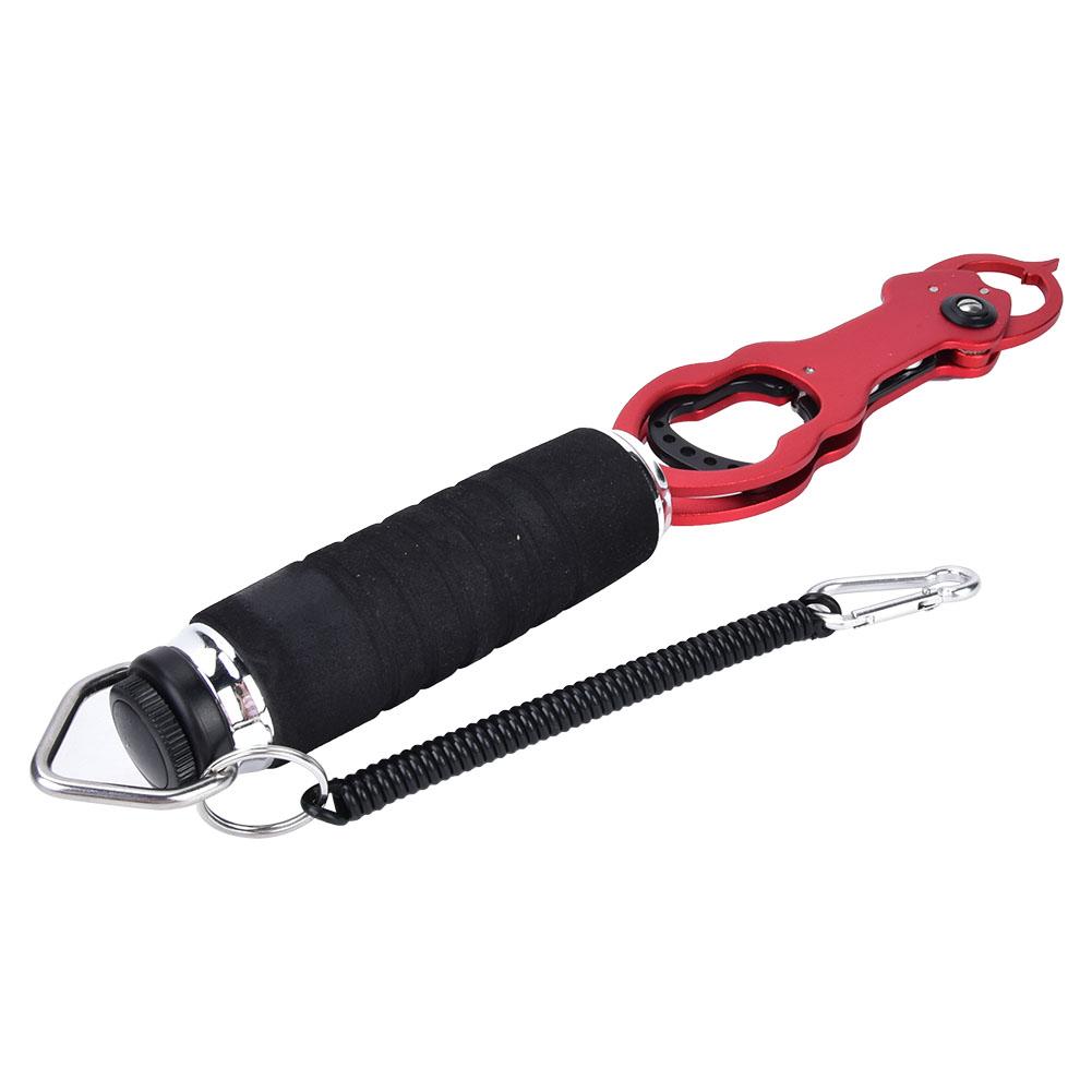 Portable Aluminium Alloy Fishing Grip Gripper Fish Lip Grabber Tool with Weigh Measure Red