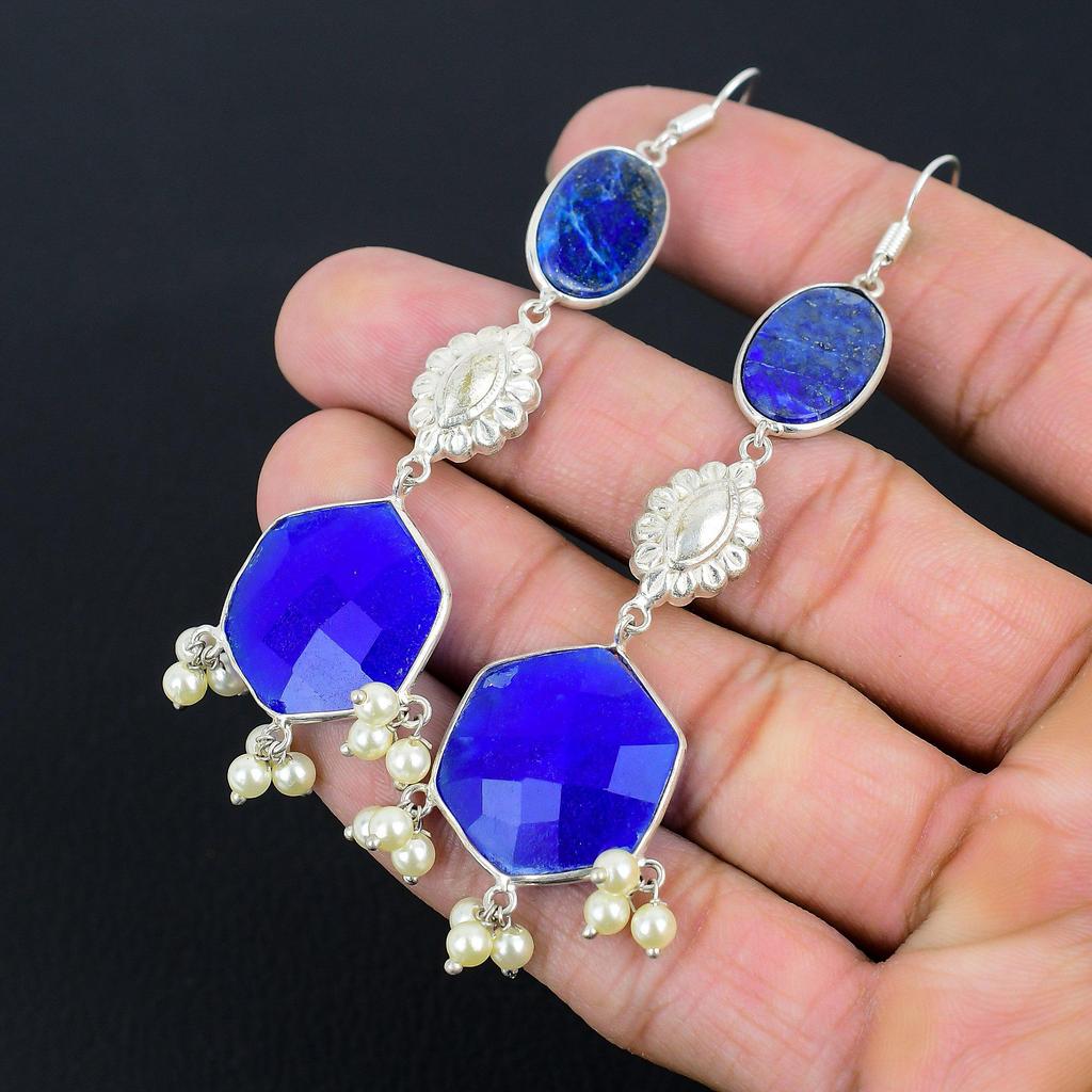 Easter Sale Blue Sapphire Stone 925 Sterling Silver Dangling Earrings Jewelry