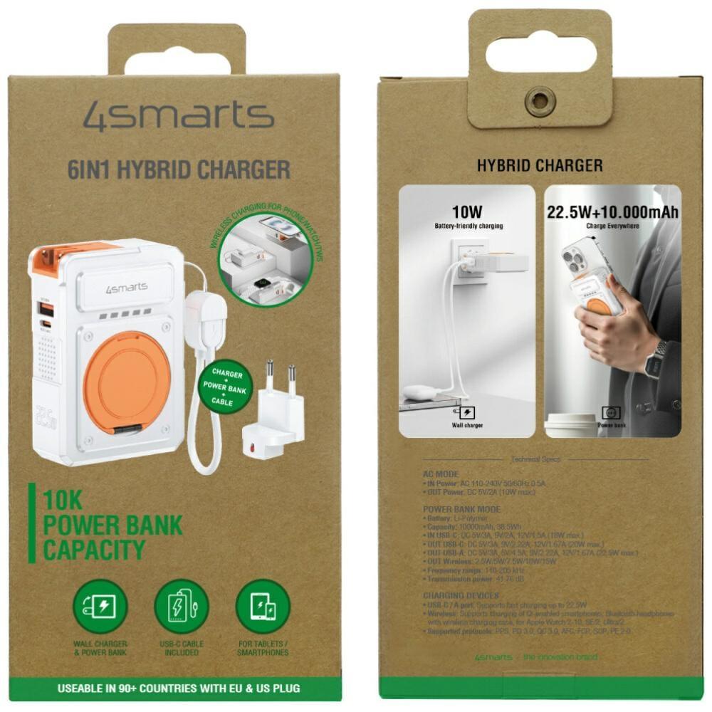 4smarts 6-in-1 USB-C/USB-A PD 22.5W Hybrid Charger with 10,000 mAh Powerbank, Qi Inductive Charging, USB-C Cable, White