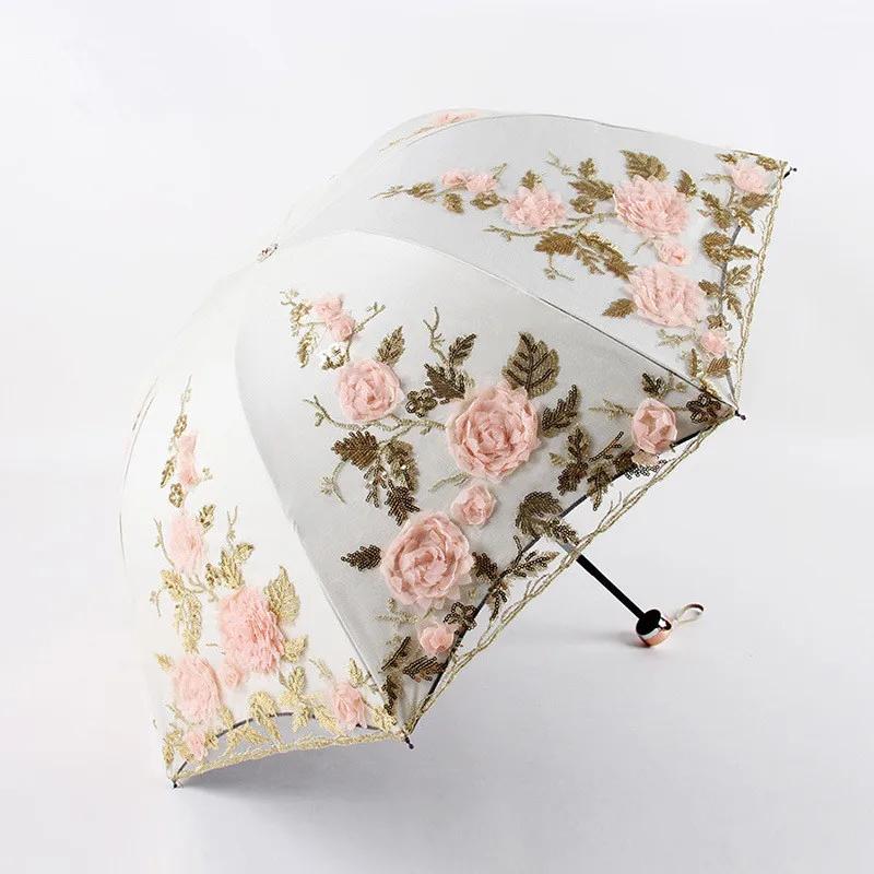 Double-layer Folding Flower Lace Umbrella Rain Women Three Folding Umbrella Female Rain Tools Unique Parasol Umbrella
