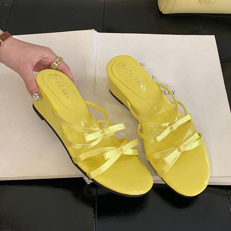 Fashion Fashion Butterfly-Knot Women Wedges Slippers Spring Summer Round Toe Ladies Heeled Slippers Shoes Female Slides Sandals Pumps