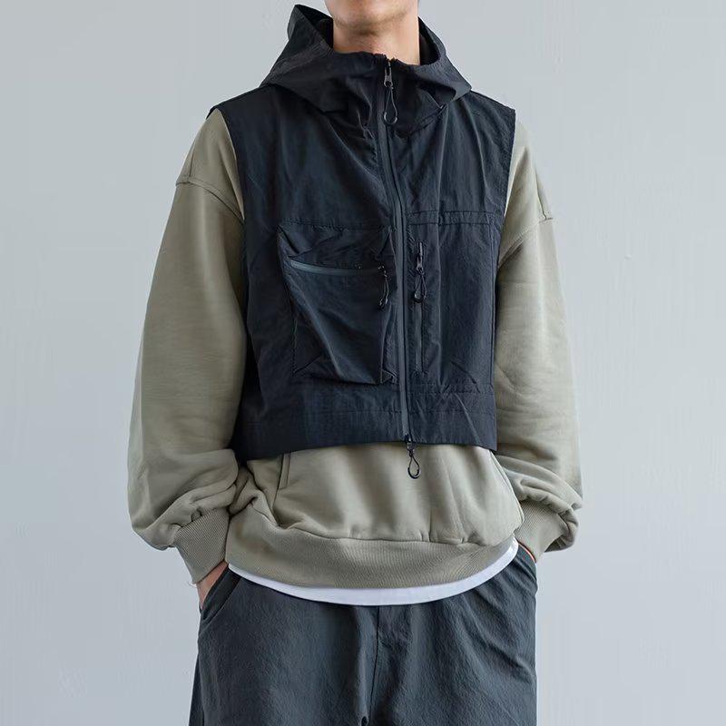 

Мужской жилет для работы в японском стиле Cityboy с капюшоном — легкий, с множеством карманов, для лета XL чёрный