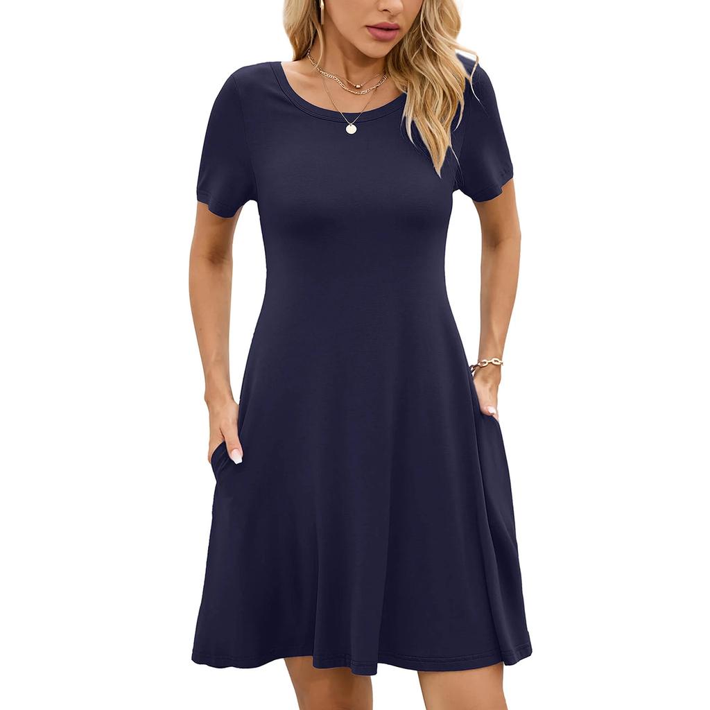 Dámské módní jarní a letní šaty s kulatým výstřihem, jednobarevné, s krátkým rukávem, áčkového střihu