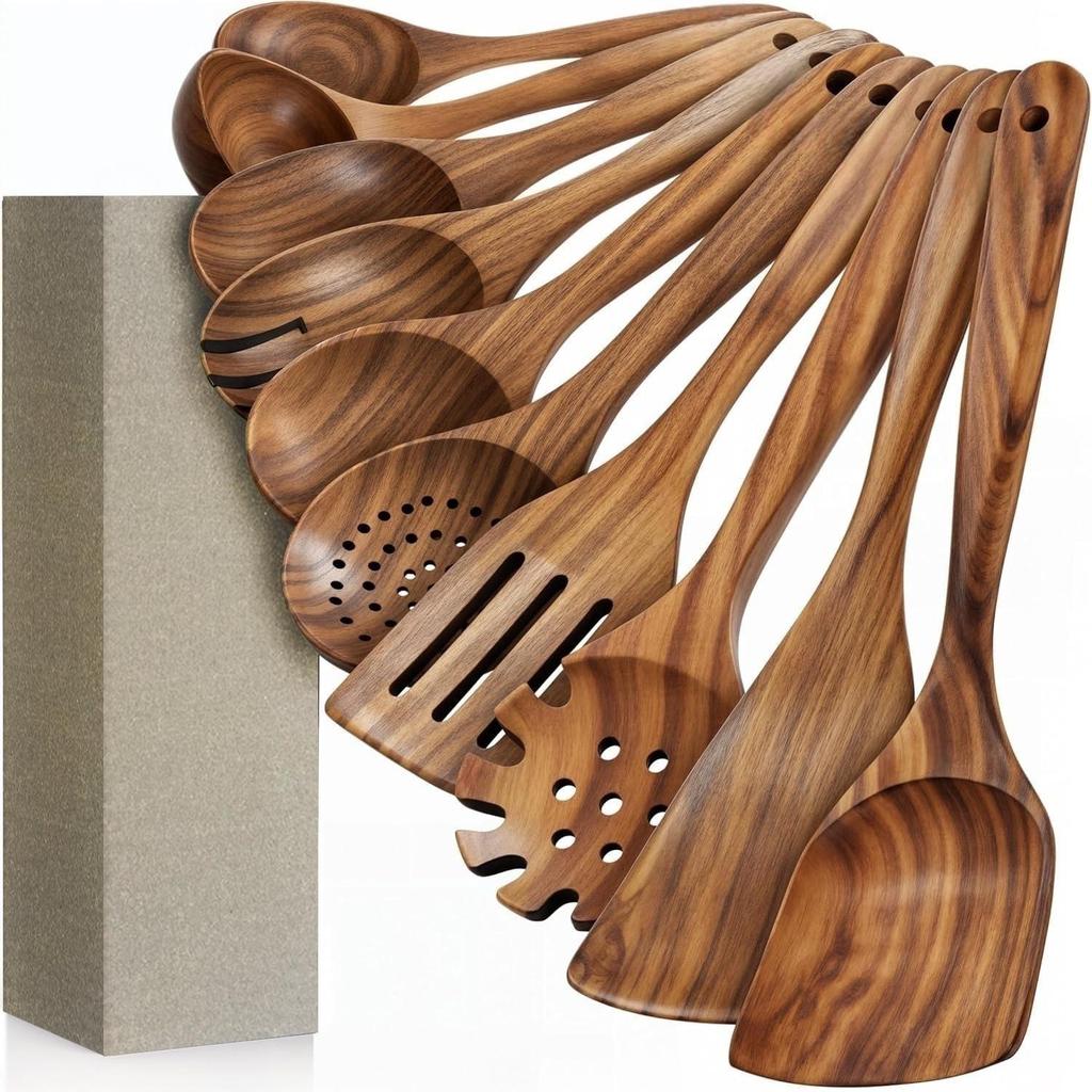 Thai Teak Acacia Wood Rice Spoon & Non-Stick Frying Pan Shovel Set with Long Handles.