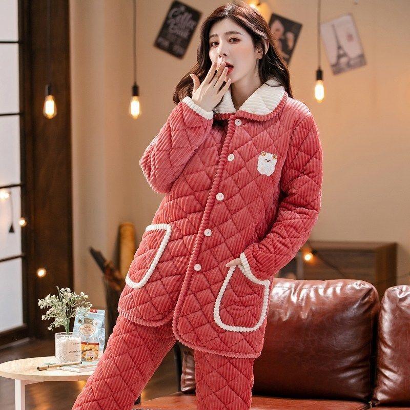 Pajamas women's winter three-layer thickened models fleece coral fleece warm padded cotton autumn and winter women's loungewear