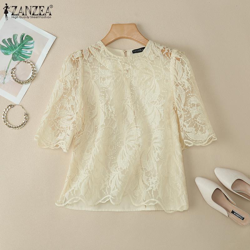 ZANZEA Damen Casual Lace Patchwork Sommer Kurzarm Bluse