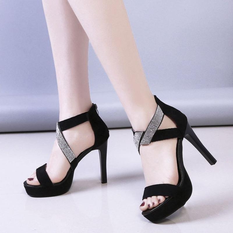 

Bling Crystal Sexy Peep Toe Women Sandals High Heel Cross Strap Gladiator Stiletto Wedding Party Ladies Shoes 34 чорний