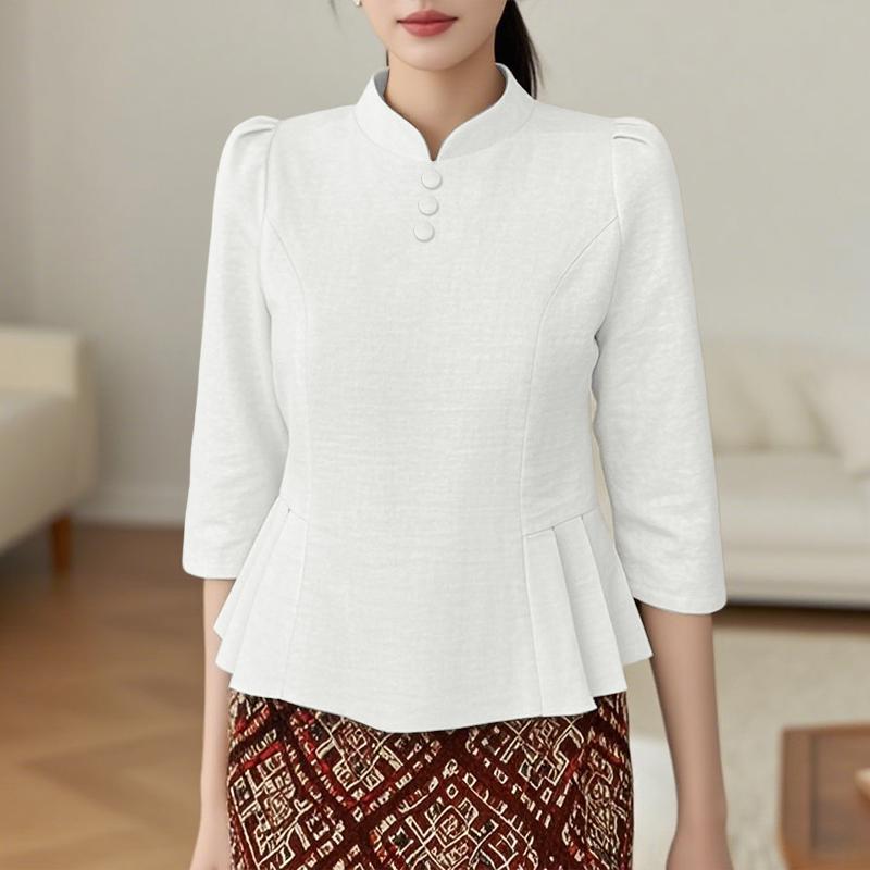 ZANZEA Women Casual Stand Collar 3/4 Sleeve Retro Blouse