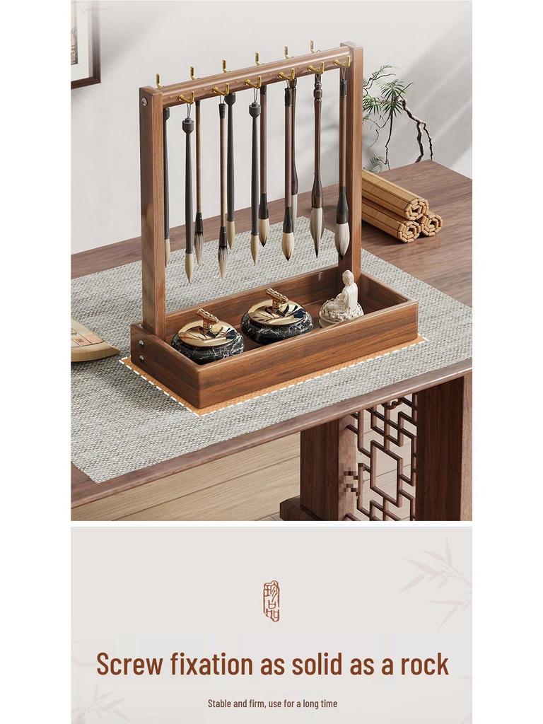 Solid Wood Hanging Calligraphy Brush Rack with Metal Hooks - Desktop Storage Holder for Scholar's Four Treasures.