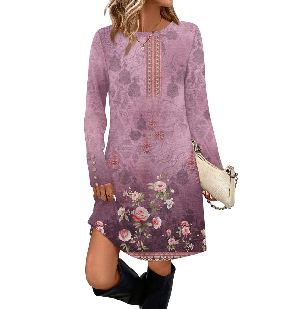 Γυναικείο Μόδα Casual Φόρεμα Με Τσέπη Διακοσμητικά Κουμπιά, Στρογγυλή Λαιμόκοψη Και Μακριά Μανίκια