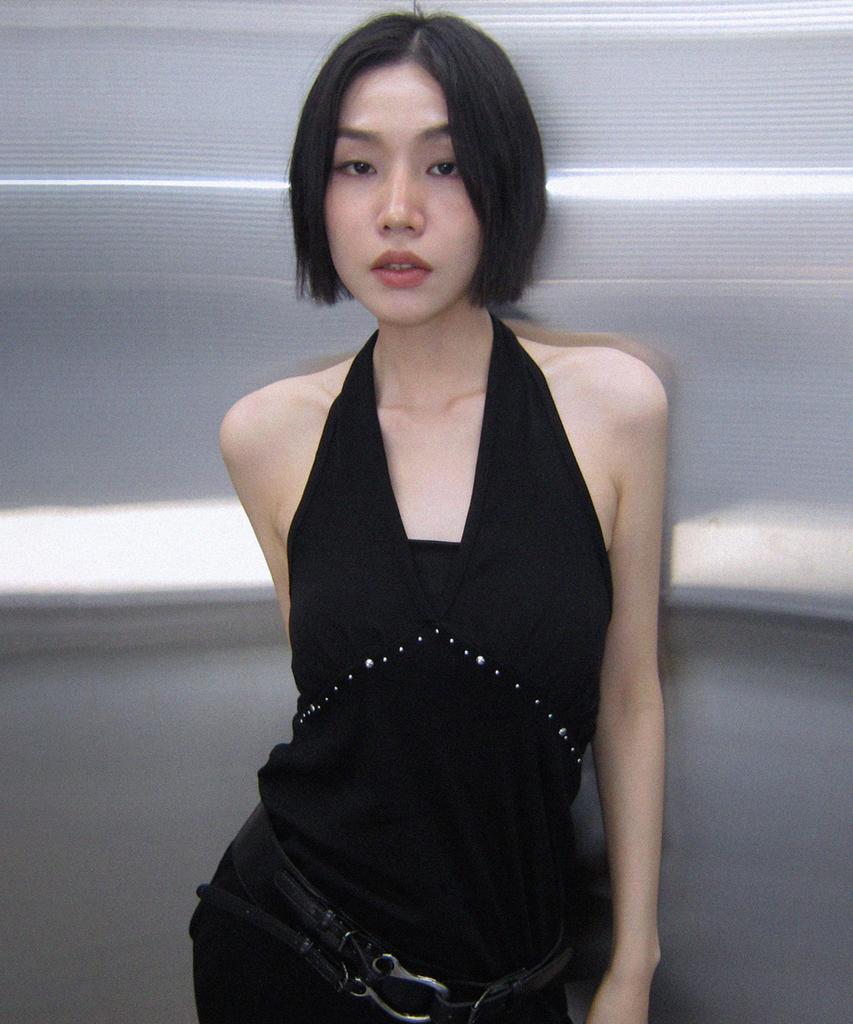 Geulouhaideu Koi Studded Halterneck Mini Dress_Black