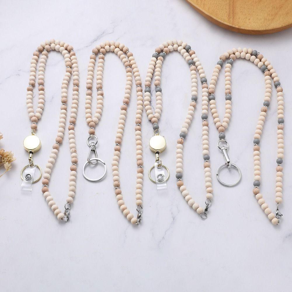 Stainless Steel Clasp ID Badge Holder Lanyard Natural Wood Bead Bead Teacher Lanyard  School Use