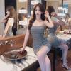 Pure desire thousand birds grid one-word shoulder tube top dress women's summer new sexy waist and hip skirt