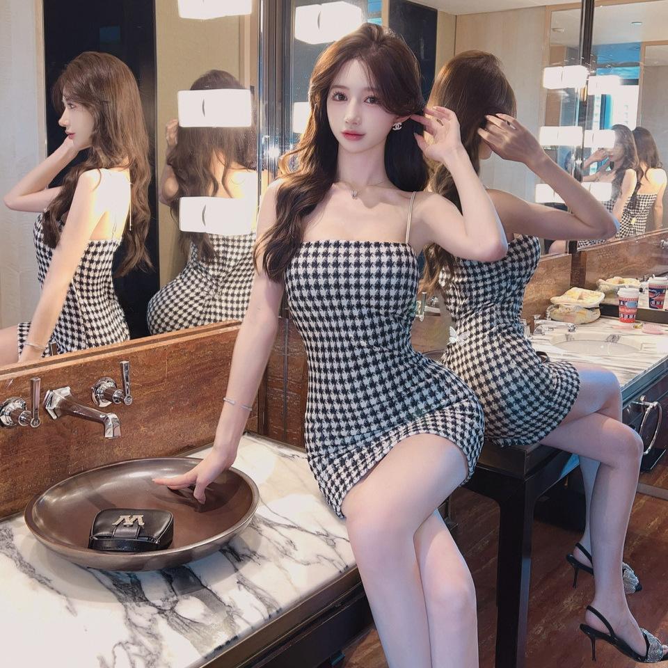 Pure desire thousand birds grid one-word shoulder tube top dress women's summer new sexy waist and hip skirt