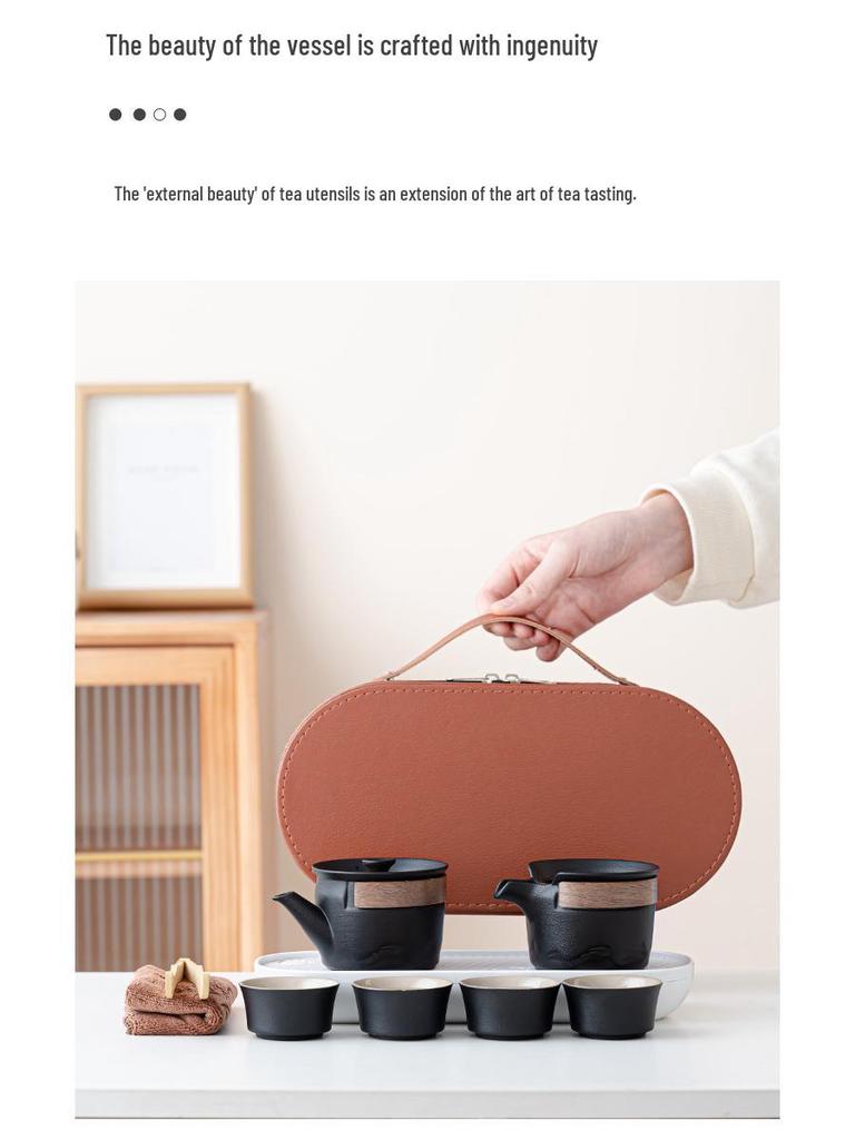 Elegant Portable Ceramic Tea Set with Wooden Tray: 1 Teapot & 4 Cups for Outdoor Adventures